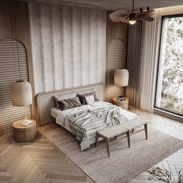 A high-end, top-down view of a modern bedroom featuring a bed, wooden bedside tables, and warm, neutral lighting.