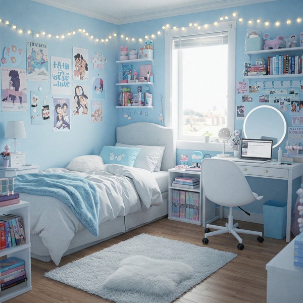 This creative showcases a curated, light-blue bedroom set styled with modern decor, fairy lights, and study furniture to create a cohesive lifestyle mood.