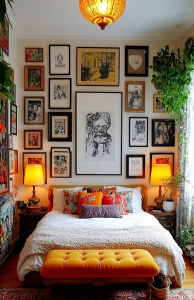 This ad creative features a luxury velvet bedroom bench centered in a warm, cozy, and highly decorated bedroom setting, emphasizing comfort and style.