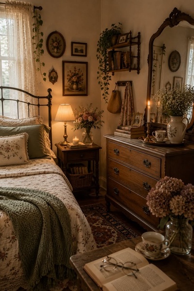 This creative showcases a cozy, warm-toned bedroom scene featuring soft linen bedding, antique accents, and soft atmospheric lighting.