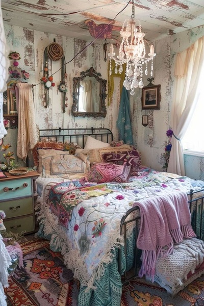 A deeply styled, textured bedroom scene featuring a metal-frame bed, layered quilts, and a crystal chandelier, creating an immersive, cozy bohemian atmosphere.