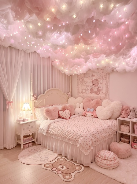 This creative showcases a stylized, cloud-themed bedroom setup designed to evoke comfort and aspiration through a soft pink and warm white palette.