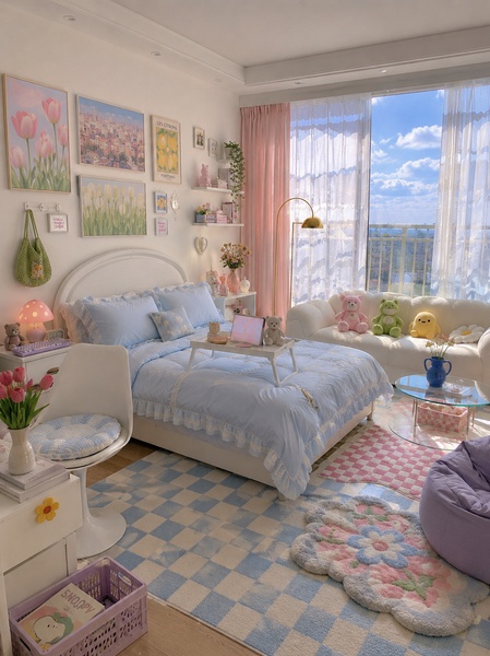 A high-angle shot of a styled bedroom featuring a light blue ruffled bedding set, surrounded by coordinated pastel decor and plush toys in a sunlit room.