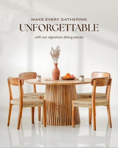 This ad creative uses a clean, bright, and aspirational lifestyle shot of a wooden dining set to communicate elegance and quality.