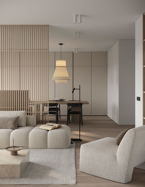 A high-end, clean-lined living room scene featuring a textural boucle sofa and soft, neutral tones to establish a premium brand aesthetic.