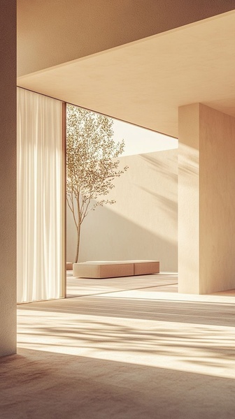 A high-end, minimalist architectural setting showcasing a modular sofa in a sun-drenched, neutral-toned outdoor space.