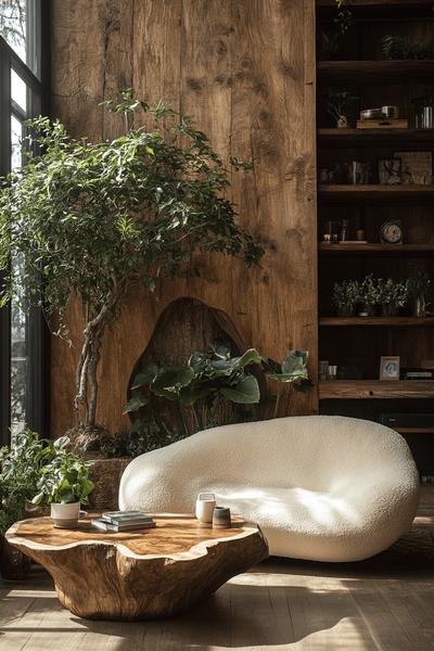 A high-end interior shot featuring a white textured sofa, an organic wood coffee table, and lush greenery in a wood-paneled room.