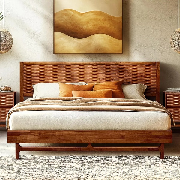 This ad creative uses a professional, high-end studio shot of a carved wooden bed frame to communicate premium quality through balanced lighting and natural textures.