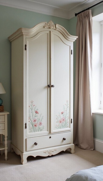A high-quality, eye-level shot of a vintage-inspired cream armoire with delicate hand-painted floral motifs, staged in a tranquil bedroom setting.