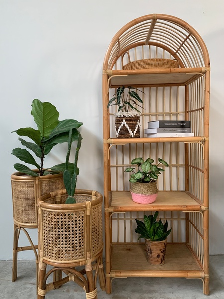 A high-quality 3:4 photograph showcasing a natural rattan bookshelf paired with matching plant stands and indoor greenery.