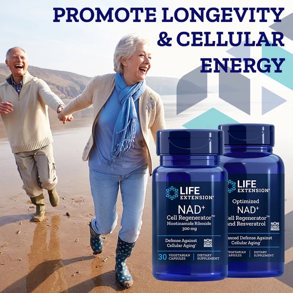 This ad creative features an older couple smiling on a beach to emphasize the benefits of NAD+ cell regenerator capsules.