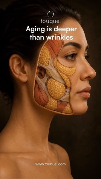 A split-screen style creative that shows a woman's face alongside a detailed 3D anatomical model of the skin and muscles, illustrating the science of aging.