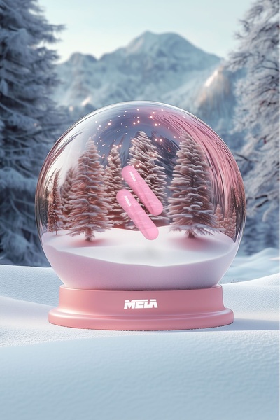 This creative displays a beauty product suspended inside a magical snow globe set against a snowy mountain forest background, utilizing a soft pink and white color palette to evoke a winter aesthetic.