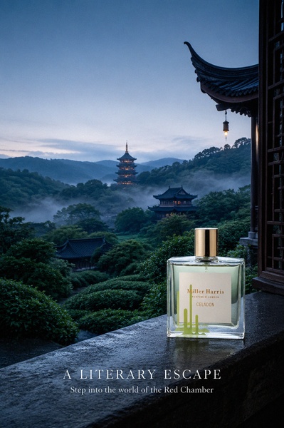 A sophisticated perfume bottle set against a misty, traditional Chinese landscape at dusk, evoking a sense of calm and luxury.