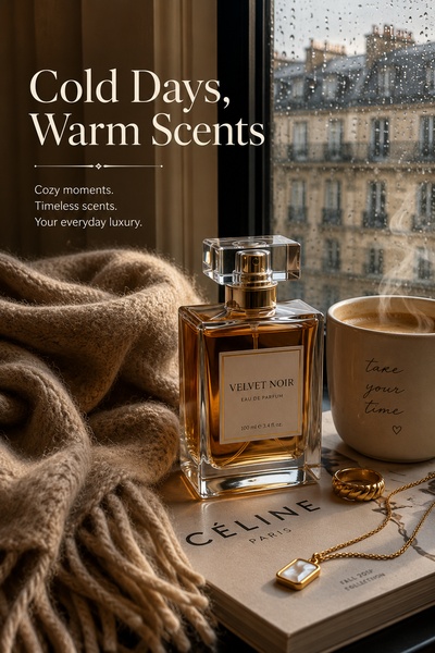 A high-end, cozy scene featuring a bottle of eau de parfum beside a steaming mug and a soft sweater on a rainy day.