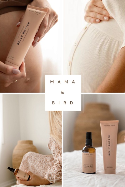 A clean, four-paneled grid showcasing a belly butter product in natural, soft-light pregnancy skincare settings.