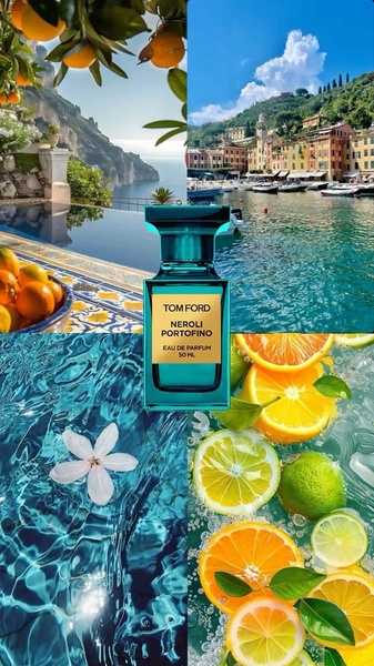 A luxury fragrance advertisement using a four-quadrant split screen featuring coastal Italian scenery, fresh citrus ingredients, and the product bottle.