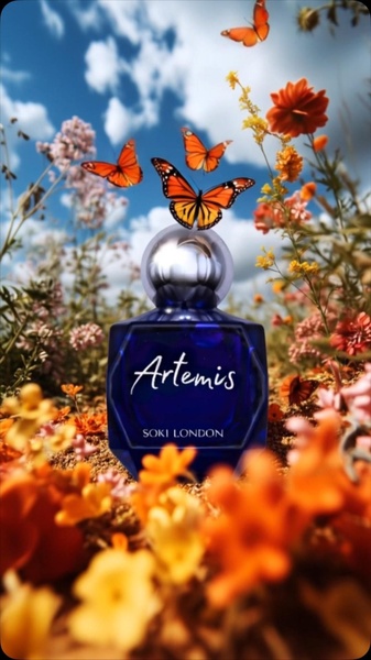 A high-end aesthetic perfume bottle centered in a vibrant, sun-drenched field surrounded by orange flowers and monarch butterflies.