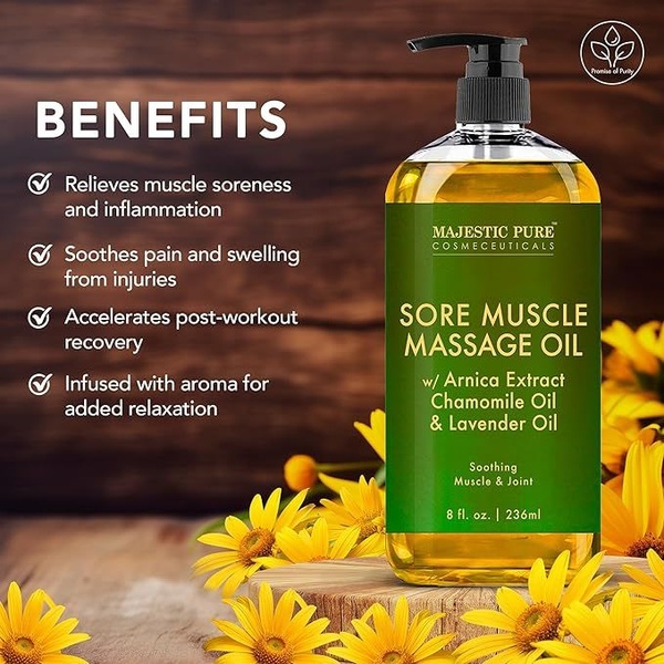 A high-contrast, benefit-driven ad creative showcasing a bottle of massage oil surrounded by floral imagery, utilizing a clear list for fast readability.