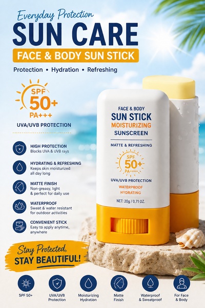 This ad creative uses a clean, vertical layout to emphasize the key product benefits of a moisturizing sun stick with SPF 50+ protection.