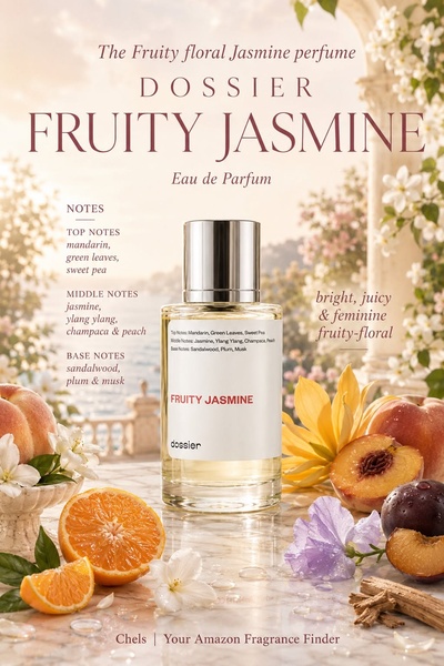 A high-end, bright, and airy product shot featuring the perfume bottle surrounded by fresh ingredients like jasmine, peaches, and citrus to convey fragrance notes.