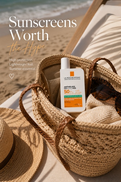 A high-key, sun-drenched product shot featuring a sunscreen bottle nestled in a straw bag on a beach chair, emphasizing a premium lifestyle and summer readiness.
