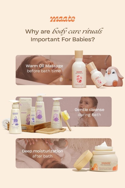 A high-performing educational creative that breaks down a baby body care routine into three distinct, visual steps with clear product-benefit associations.