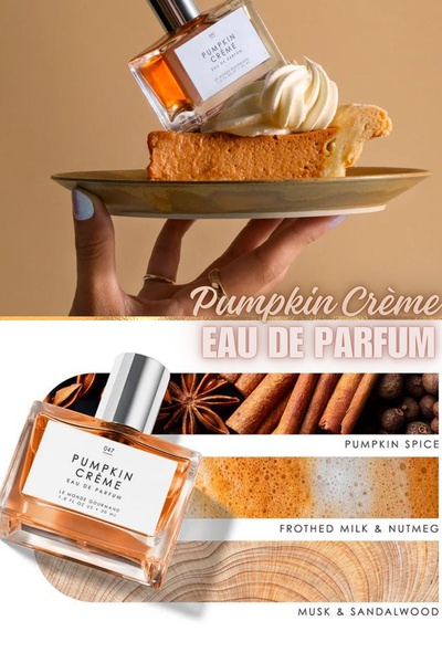 A split-screen creative featuring a luxury perfume bottle resting on a slice of pumpkin pie, followed by a breakdown of its fragrance notes.