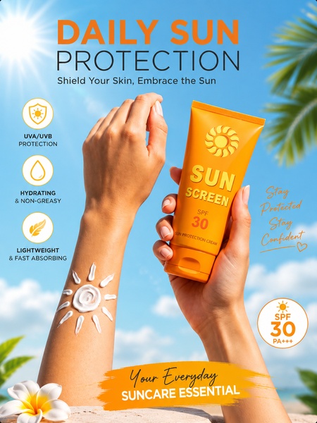 A 3:4 vertical ad creative showcasing a hand applying sunscreen with clear benefit icons and a strong lifestyle aesthetic.