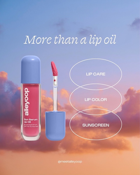 A clean, educational graphic using a Venn diagram to demonstrate how a single lip product provides care, color, and SPF protection.
