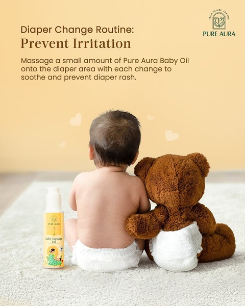 A clean, minimalist product ad for baby massage oil featuring a baby and teddy bear to signal safety and routine-based benefits.