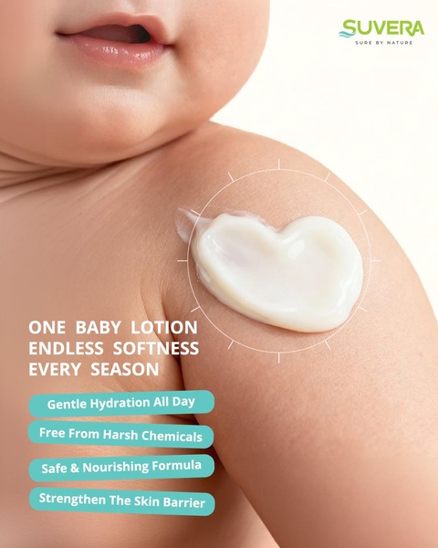 A close-up shot of a baby's shoulder with a heart-shaped dollop of lotion, emphasizing gentle, safe, and hydrating skincare benefits.