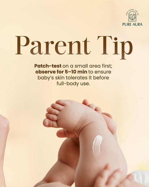 A clear, minimalist educational ad featuring a close-up of a baby's leg with a small dab of cream, emphasizing the safety and reliability of the brand through a direct parent tip.