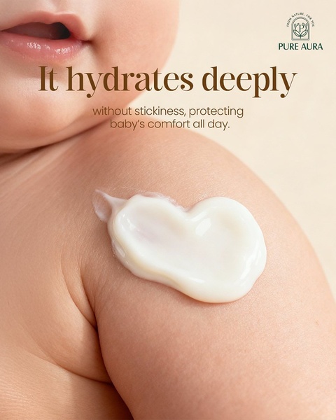 A close-up photograph of baby lotion applied to skin, highlighting the texture and protective benefits.