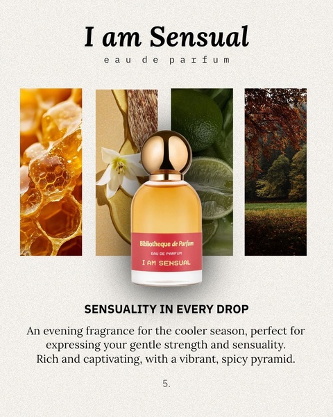 A sophisticated perfume advertisement featuring a four-part grid displaying individual scent ingredients alongside the product bottle.