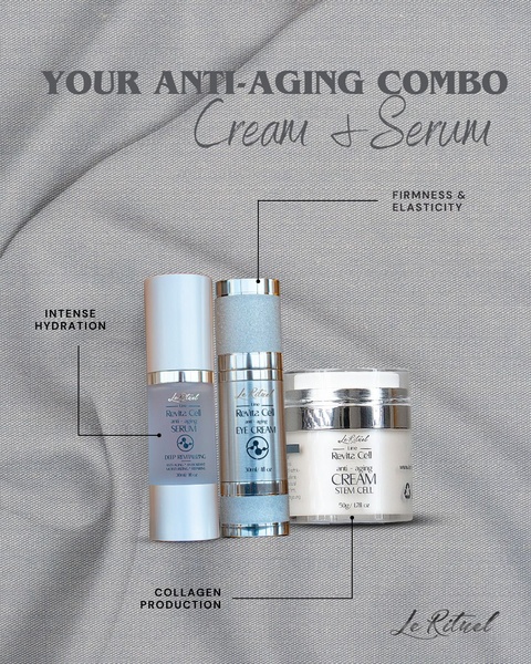 A clean, professional product lineup display featuring an anti-aging cream and serum set with benefit callouts connected to specific product features.