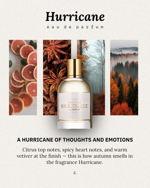 A vertical collage presenting the ingredient profile of a perfume, showing citrus and spice elements alongside a forest landscape to evoke an autumn theme.