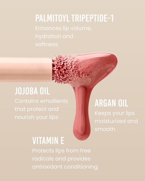 A close-up product shot of a lip gloss applicator featuring a flowing, textured product trail with clear call-outs for four key ingredients and their benefits.