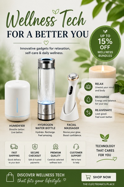 A high-conversion wellness product collage featuring a humidifier, hydrogen water bottle, and facial massager with a clear discount incentive.
