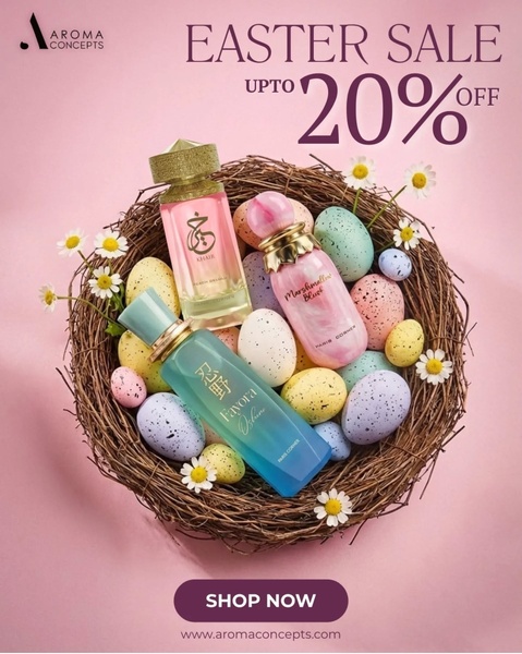 This creative features three luxury perfume bottles nestled inside a bird's nest surrounded by colorful Easter eggs and daisies, creating a seasonal, gift-ready aesthetic.