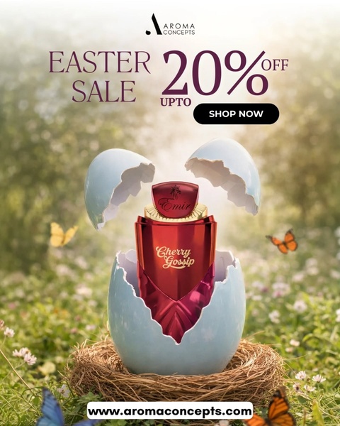 A perfume bottle sits inside a cracked egg shell within a spring garden setting, showcasing an Easter sale offer.