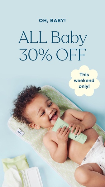 A high-contrast sale announcement featuring a happy baby holding a skincare product on a soft, monochromatic background.