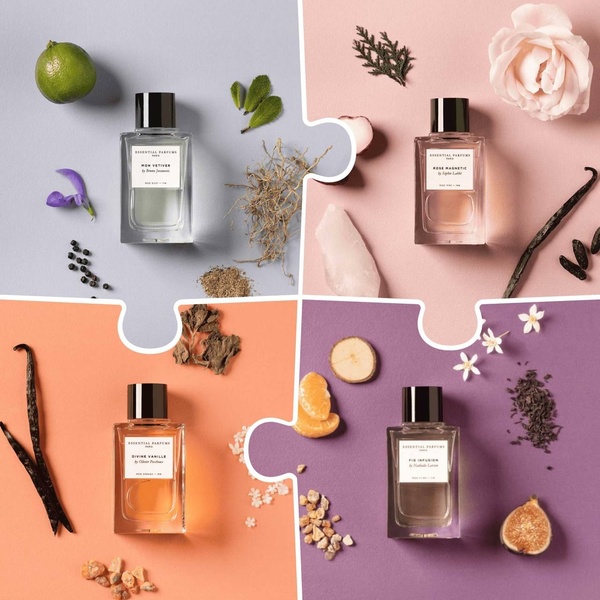 A high-quality 1:1 image collage featuring four distinct perfume bottles surrounded by their signature raw ingredient notes in thematic color quadrants.