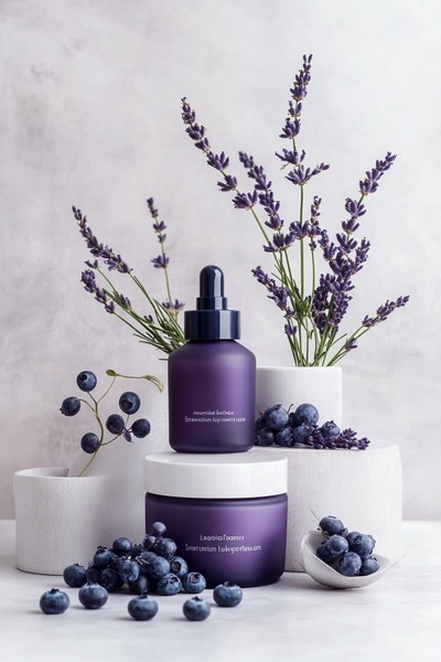 A high-end product hero shot featuring a purple serum bottle and a jar of cream surrounded by fresh lavender and blueberries on a minimalist white backdrop.