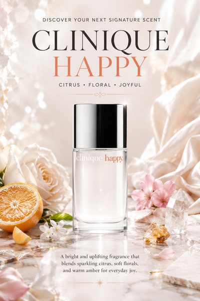 A high-end product hero shot featuring a perfume bottle surrounded by citrus, flowers, and natural crystals in a soft, bright, and warm lighting setup.