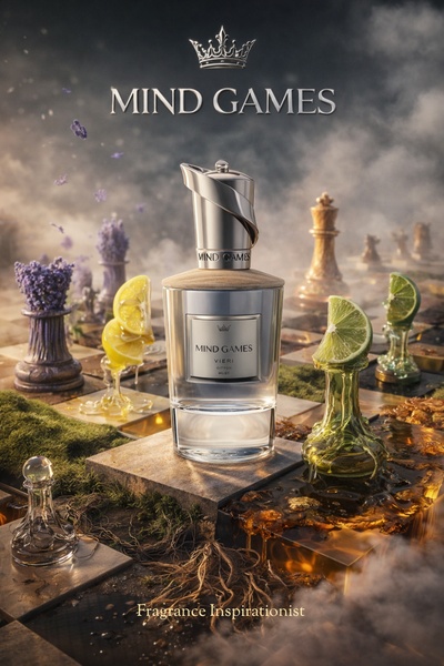 A high-end product hero shot featuring a perfume bottle placed on a chessboard surrounded by fresh lemon and lavender, symbolizing calculated elegance.