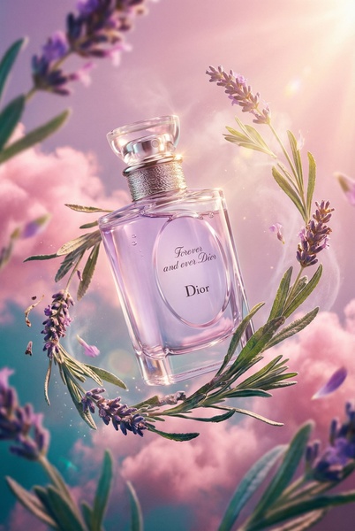 A high-end perfume bottle floats in a dreamy, lavender-hued cloudscape surrounded by fresh lavender sprigs and soft sunlight.