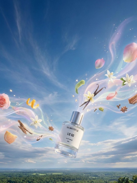 A high-end perfume bottle floats against a clear sky, surrounded by deconstructed ingredients and aromatic floral elements.