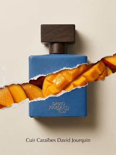 A luxury perfume bottle appears partially cut through a vibrant mango, blending the fragrance packaging with its core aromatic notes.