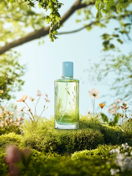 This creative showcases a glass perfume bottle centered on a moss-covered rock in a sun-drenched forest, surrounded by delicate wildflowers.